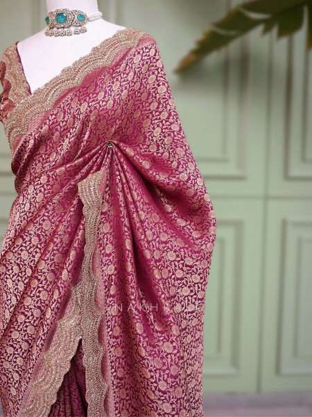 Kumudam Wine Banarasi Khaddi Georgette Saree with Zari Jaal and Scalloped Cutwork Border
