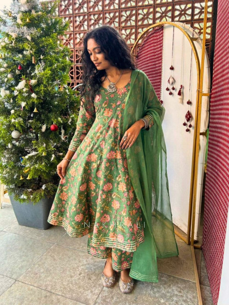 Mrigya Green  Floral Cotton Anarkali Suit Set with Gota Work