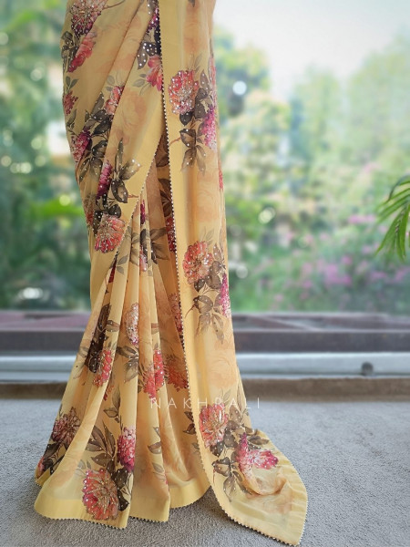 Lorina Yellow Floral Pure Georgette Chiffon Saree with Embellished Readymade Blouse