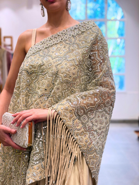 Lunelle Cream Indo-Western Drape Set with Sequin Work