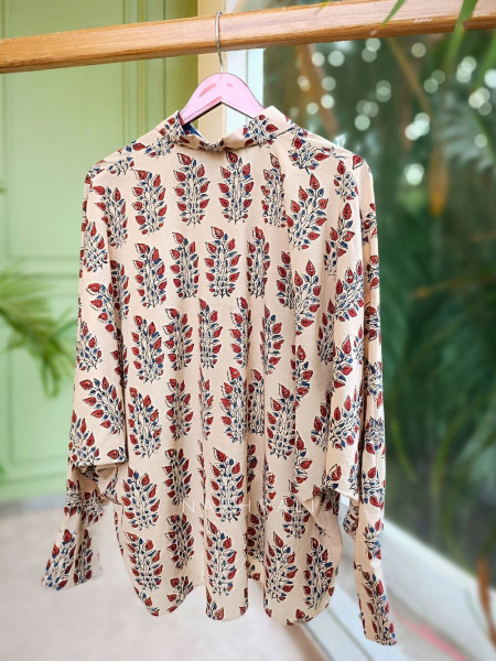 Banjara Beige Cotton Oversized Shirt with Leafy Block Print