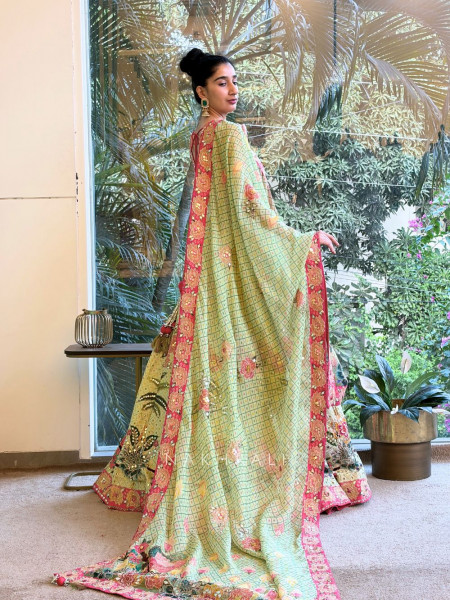 Odette Pista Green Printed Lehenga with Sequin and Bead Work