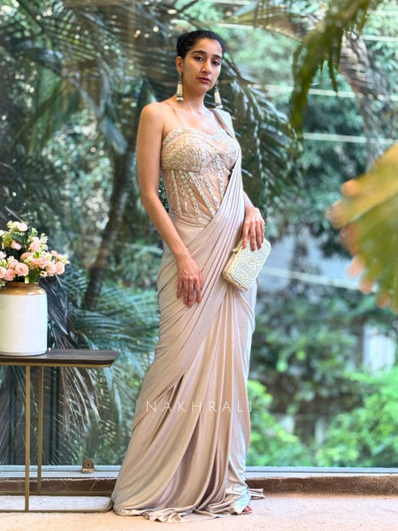 Divine Glow Peach Drape Saree with Cutdana and Mirror Work
