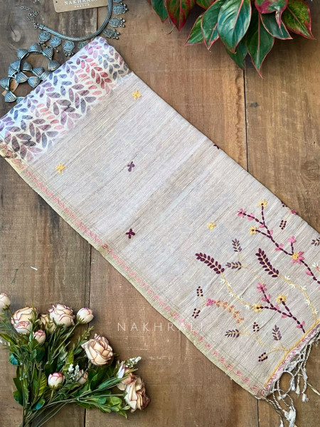 Vadi Raw Silk Pink Saree with Leafy Block Print & Embroidery