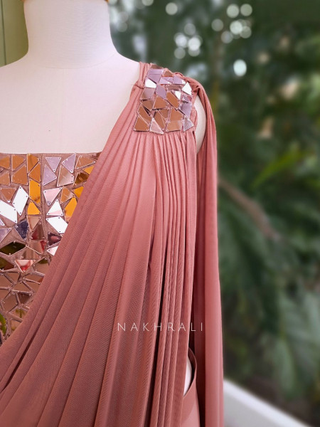 Talia Chestnut Sequin Mirror Drape Saree