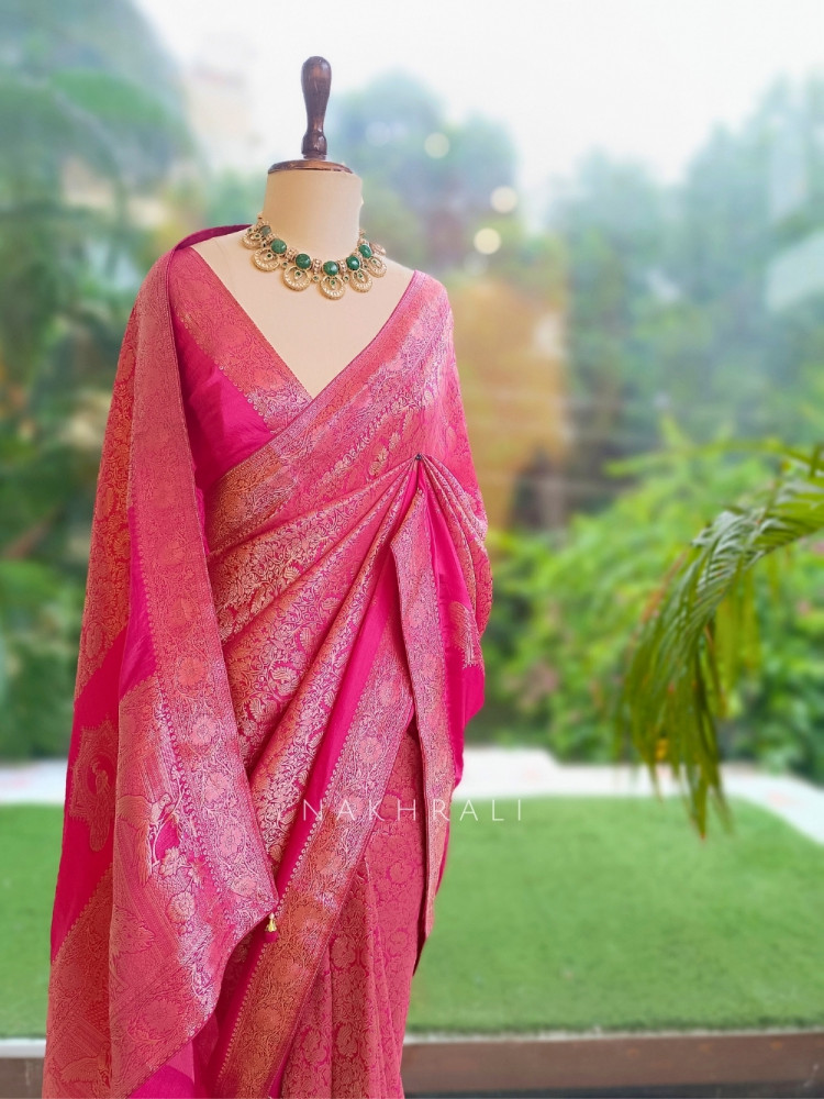 Image of Noor-e-Kashi Katan Silk Magenta Saree With Banarasi Zari Brocade Weave