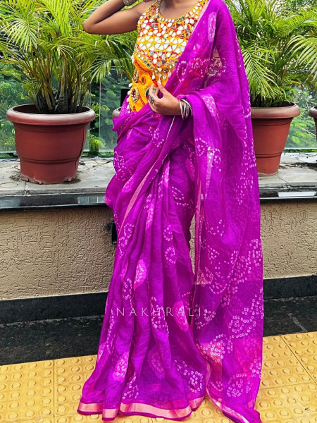 Ritvika Purple Bandhani Work & Silver Zari Border Saree