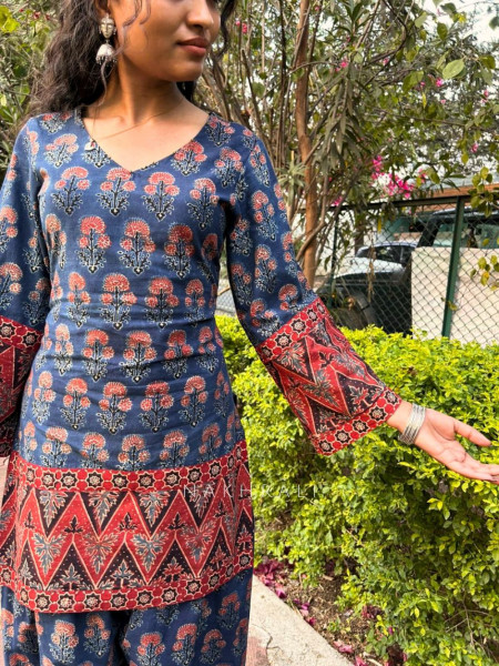 Elvar Blue Cotton Block Print Kurti with Farsi Salwar Set