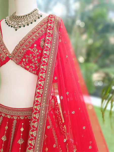 Inayat-Vibe Tomato Red Arch Border Unstitched Bridal Lehenga