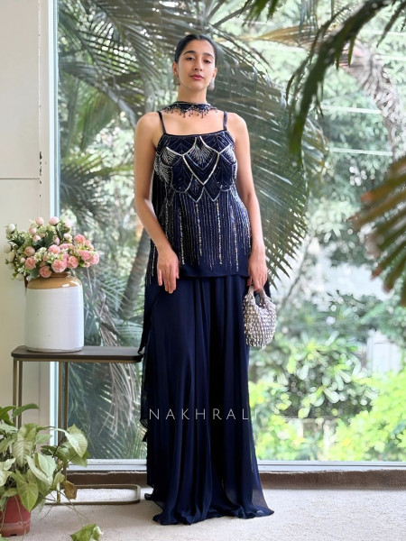 Glam Groove Blue Kurta Palazzo Set with Sequin & Cut Dana Work