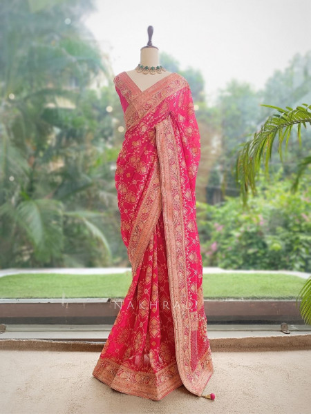 Desert Rose Red  Banarasi Khaddi Georgette Saree