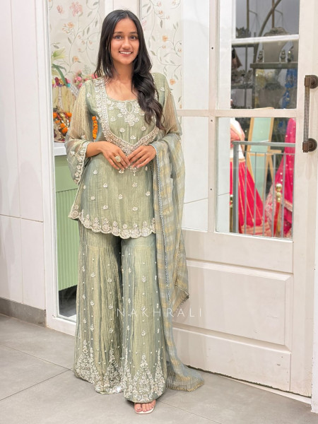 Inara Shimmer Sea Green Crushed Organza Gharara Suit Set