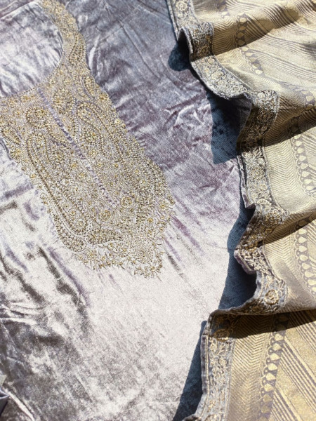 Aureline Grey Velvet Dress Material with Zari Embroidered Work