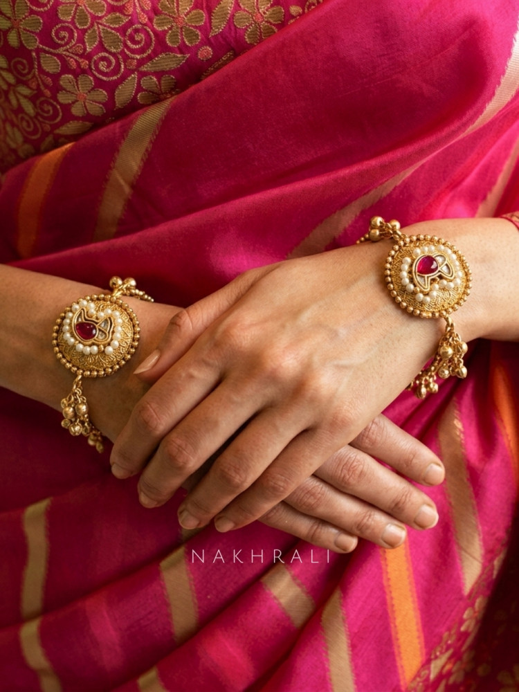 Image of Kivara Golden Bangles With Pearl and Stone Medallion Detail