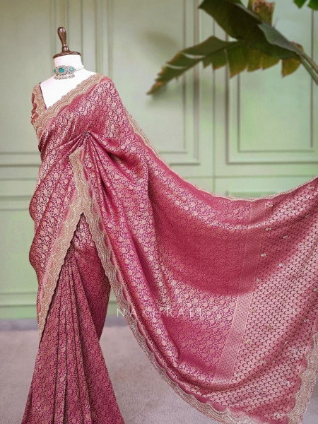 Kumudam Wine Banarasi Khaddi Georgette Saree with Zari Jaal and Scalloped Cutwork Border