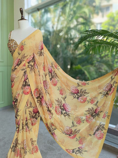 Lorina Yellow Floral Pure Georgette Chiffon Saree with Embellished Readymade Blouse