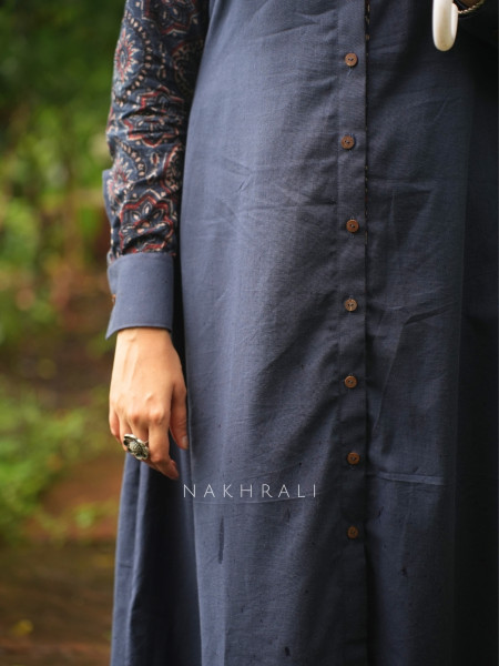Sahir Blue Cotton Button-Down Dress