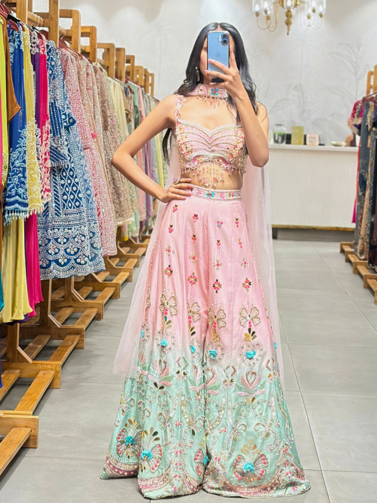 Image of Rishmita Pink Indo Western Crop Top Palazzo Set with Cut Dana Work