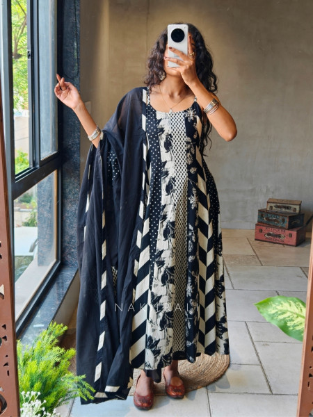 Zorvyn Black Printed Anarkali Set with Panel Design