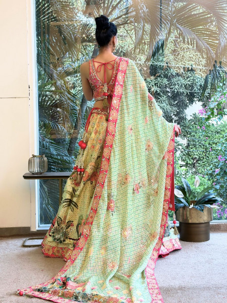Odette Pista Green Printed Lehenga with Sequin and Bead Work