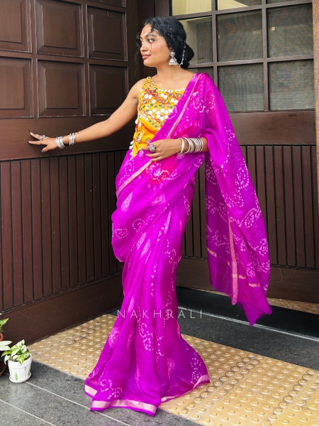 Ritvika Purple Bandhani Work & Silver Zari Border Saree