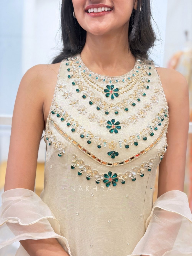 Image of Mohika Cream Suit Set with Stone and Beads Work