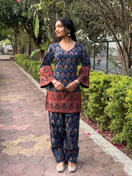 Elvar Blue Cotton Block Print Kurti with Farsi Salwar Set