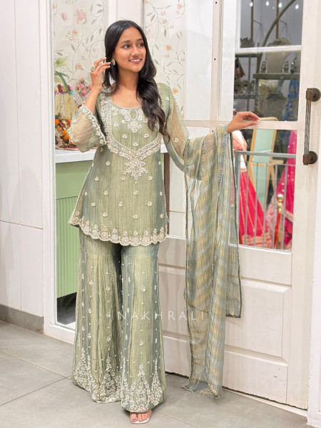 Inara Shimmer Sea Green Crushed Organza Gharara Suit Set