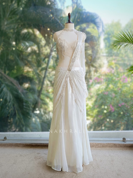Ivory Glow Organza Drape Saree with Pearl Embellished Blouse