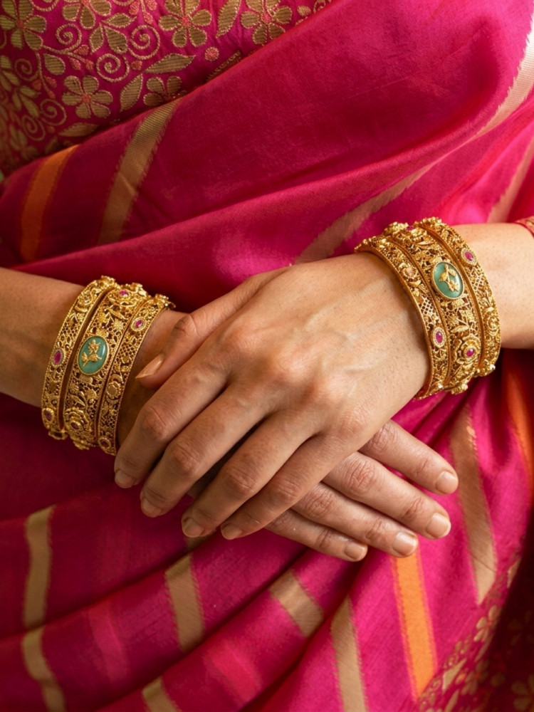 Image of Sohira Sea Green Bangles With Ornate Filigree and Stone Detail
