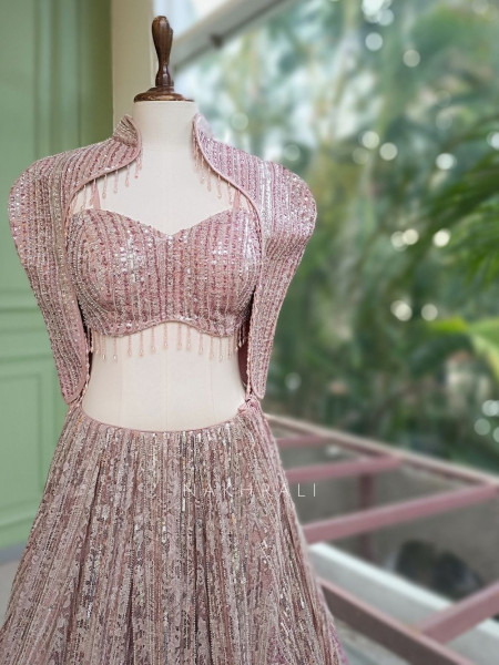 Prismora Peach Net Indo Western Lehenga Set with Sequin Cape and Crystal Tassels