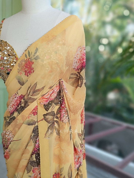 Lorina Yellow Floral Pure Georgette Chiffon Saree with Embellished Readymade Blouse
