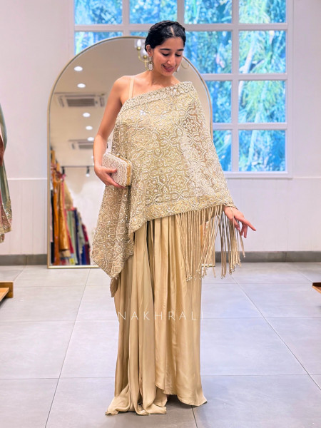 Lunelle Cream Indo-Western Drape Set with Sequin Work