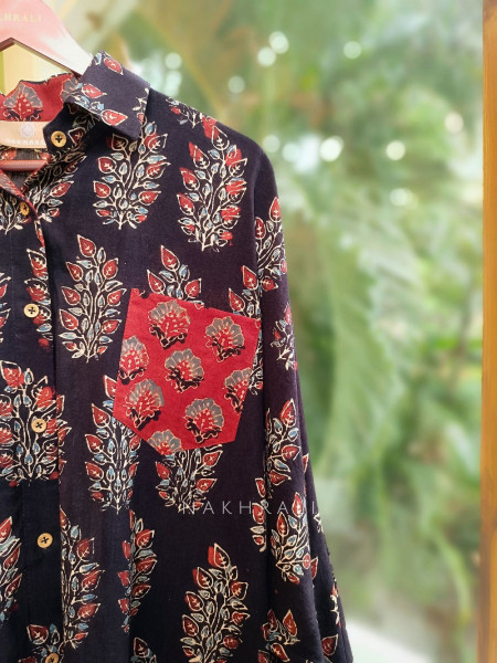 Banjara Black Cotton Oversized Shirt with Bold Floral Motifs