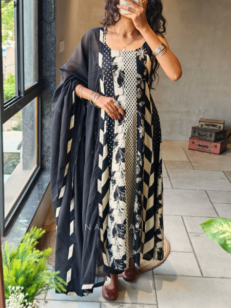 Zorvyn Black Printed Anarkali Set with Panel Design