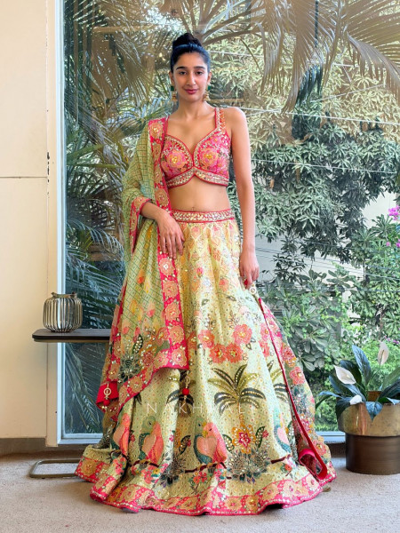 Odette Pista Green Printed Lehenga with Sequin and Bead Work