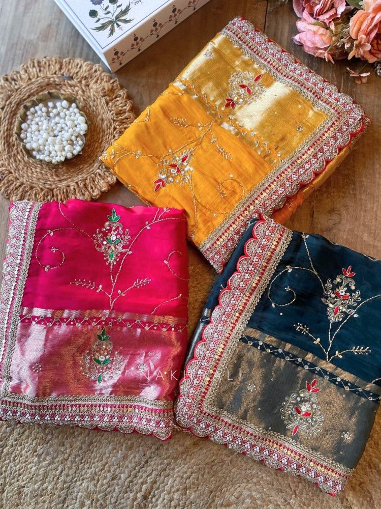 Image of Koshira Red Pure Dola Silk Saree WIth Gotta Patti, Resham &amp; Scalloped Zari Border