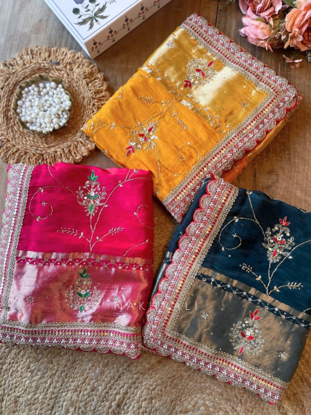 Koshira Red Pure Dola Silk Saree WIth Gotta Patti, Resham & Scalloped Zari Border