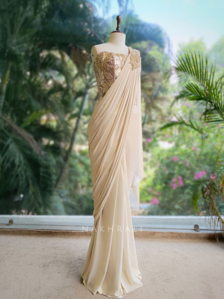Image of Sienna Ivory Zari Corset Drape Saree