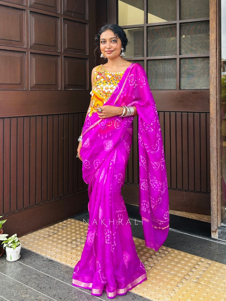 Image of Ritvika Purple Bandhani Work &amp; Silver Zari Border Saree