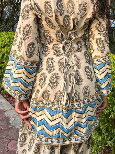 Elvar Off White Cotton Block Print Kurti with Farsi Salwar Set