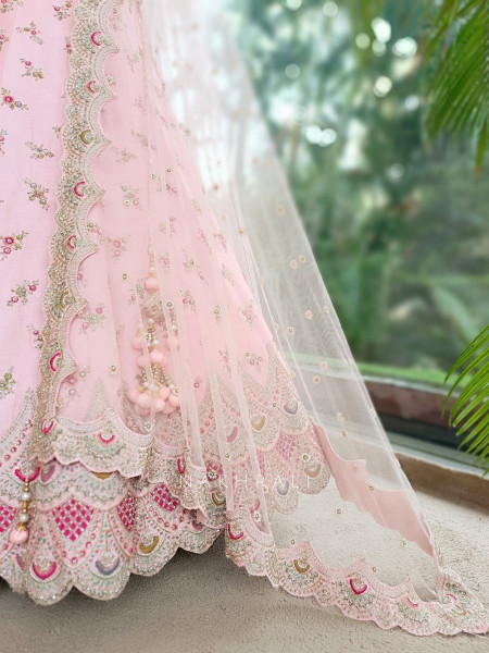 Crown Pink Raw Silk & Soft Net  Unstitched Lehenga