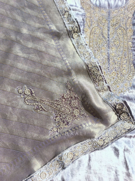 Aureline Grey Velvet Dress Material with Zari Embroidered Work