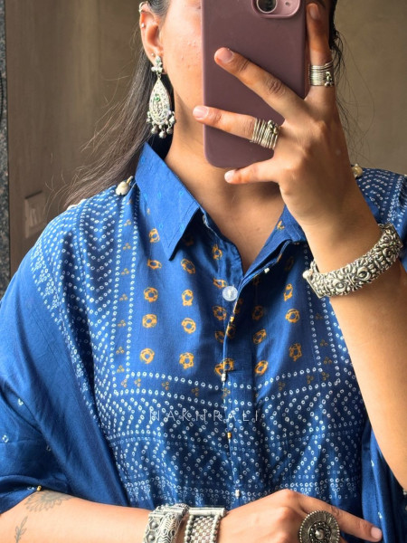 Nayra Blue Bandhani Cotton Kaftan Palazzo Set with Shell Detailing