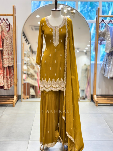 Kanakveli Mustard Gharara Suit Set With Sequin and Cutdana Work