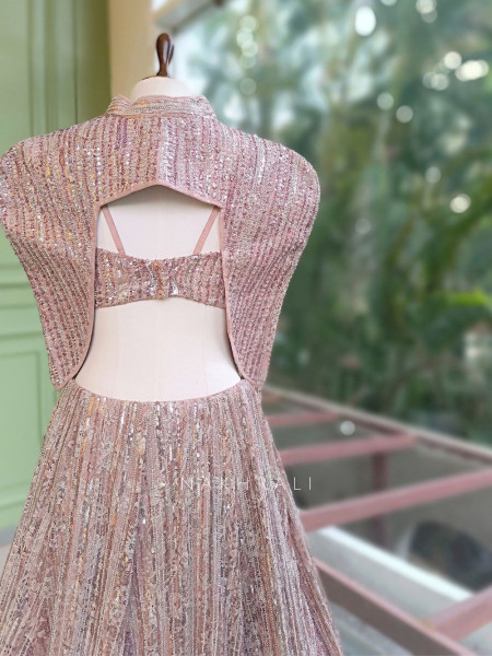 Prismora Peach Net Indo Western Lehenga Set with Sequin Cape and Crystal Tassels