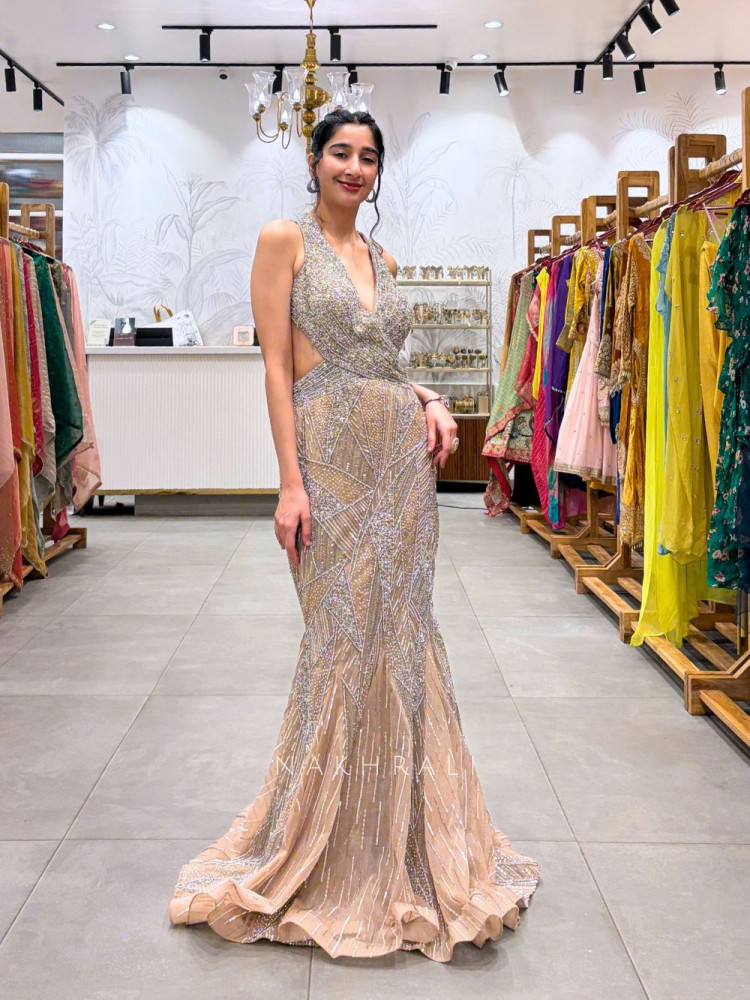 Image of Elora Golden Sequin and Pearl Work Cocktail Gown