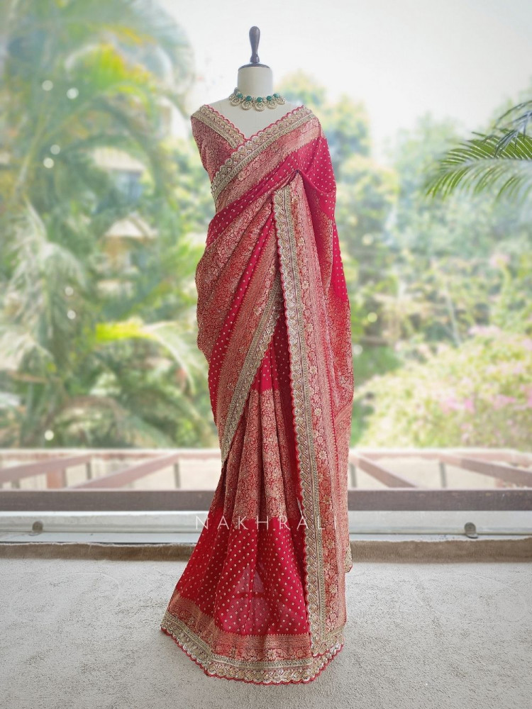 Image of Dharini Red Pure Georgette Silk Blend Bandhani Saree with Banarasi Zari Border
