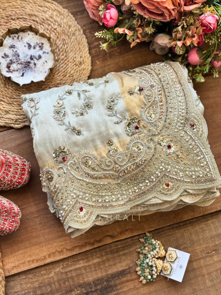 Vianka Cream Saree with Zardozi Work and Readymade Blouse