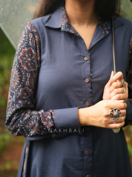 Sahir Blue Cotton Button-Down Dress
